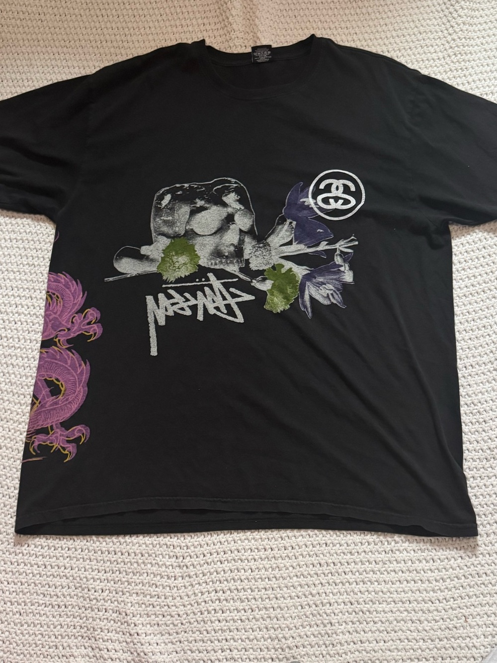 Stussy Black T-Shirt with Purple & Green Graphic